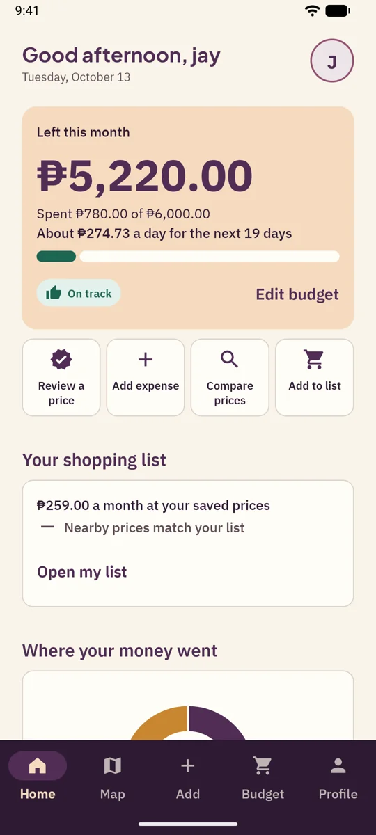 FeedBook home screen with monthly budget and shopping list