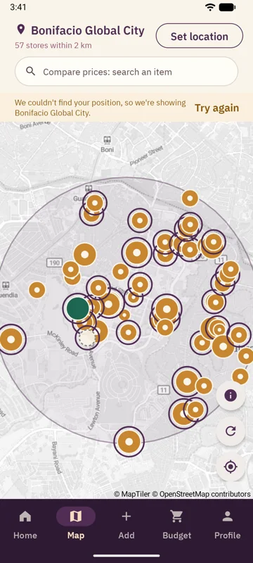 FeedBook map of stores with logged prices