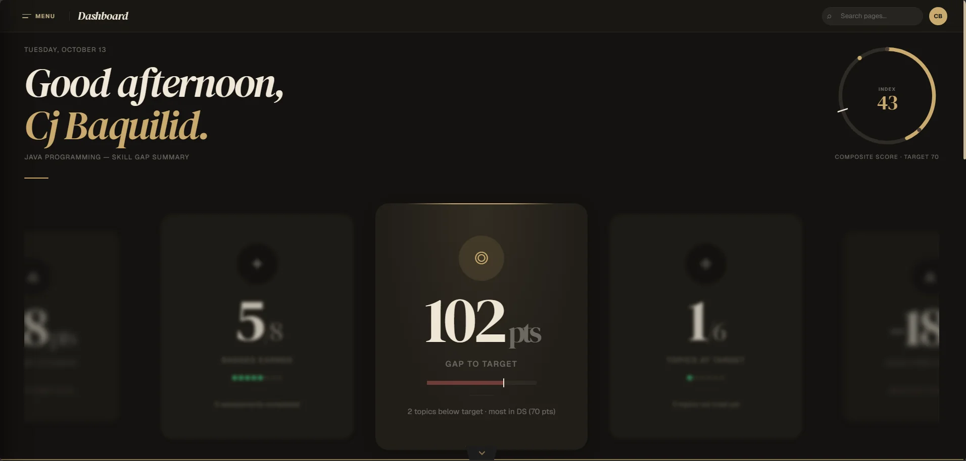 SkillGap dashboard with composite score